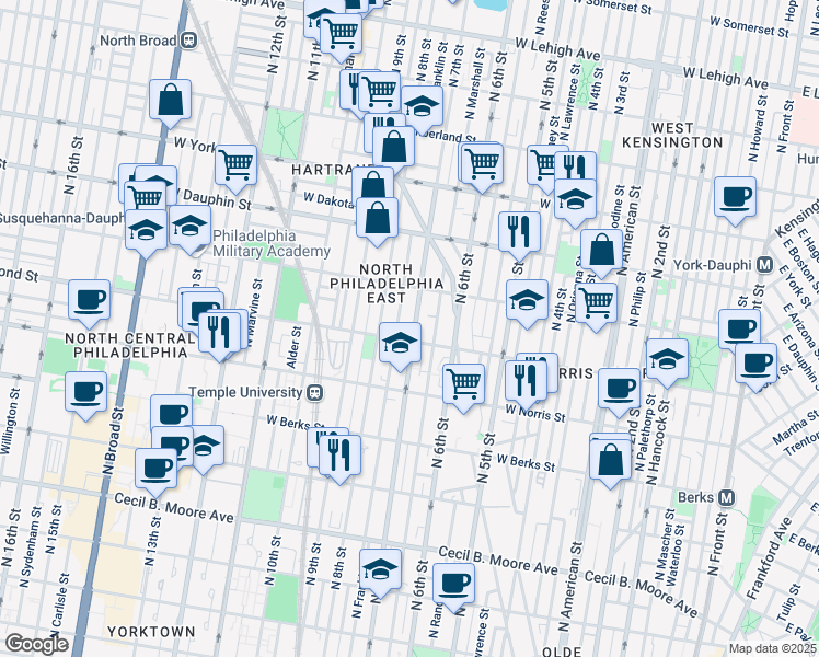 map of restaurants, bars, coffee shops, grocery stores, and more near 2127 North 7th Street in Philadelphia