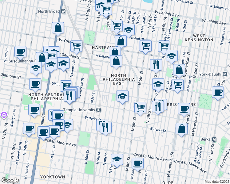map of restaurants, bars, coffee shops, grocery stores, and more near 2123 North 8th Street in Philadelphia
