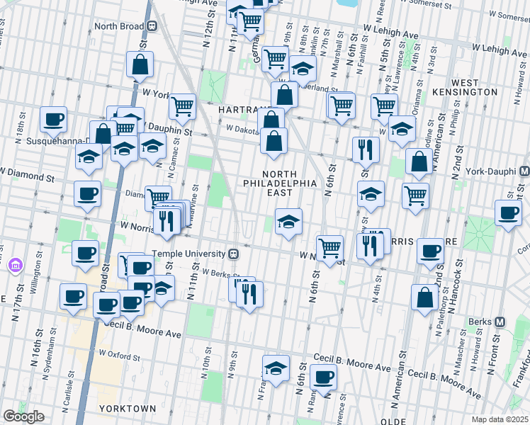 map of restaurants, bars, coffee shops, grocery stores, and more near 2123 North 8th Street in Philadelphia