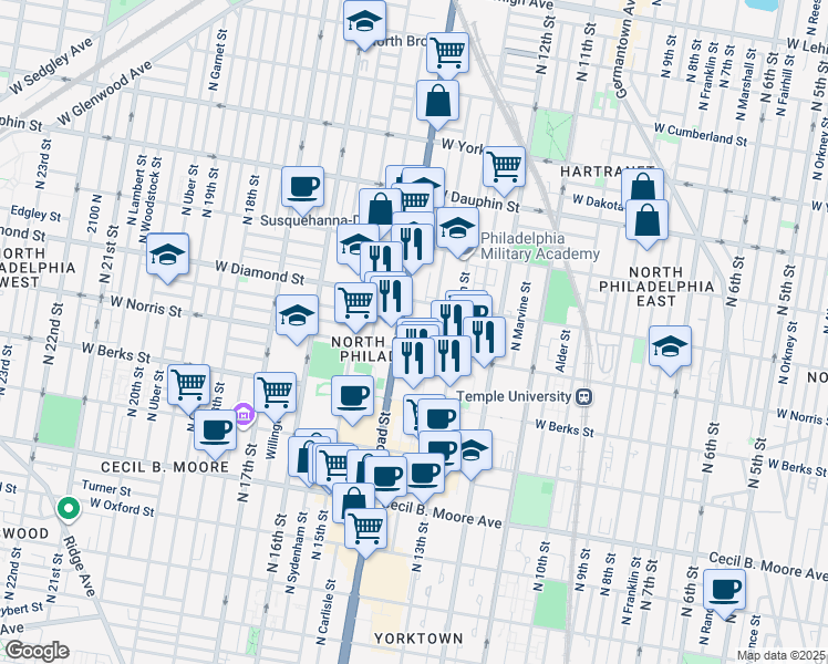 map of restaurants, bars, coffee shops, grocery stores, and more near 2001-47 North Broad Street in Philadelphia