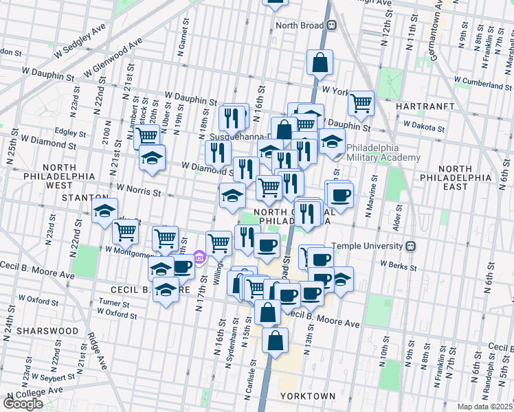 map of restaurants, bars, coffee shops, grocery stores, and more near 1439 West Norris Street in Philadelphia