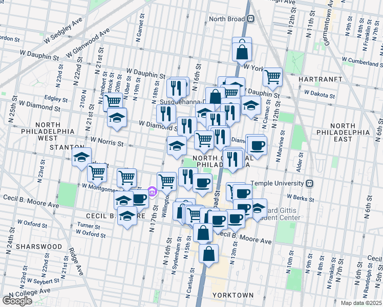map of restaurants, bars, coffee shops, grocery stores, and more near 1439 West Norris Street in Philadelphia