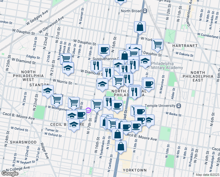 map of restaurants, bars, coffee shops, grocery stores, and more near 1439 West Norris Street in Philadelphia