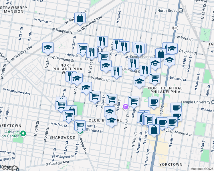 map of restaurants, bars, coffee shops, grocery stores, and more near 1900 West Norris Street in Philadelphia