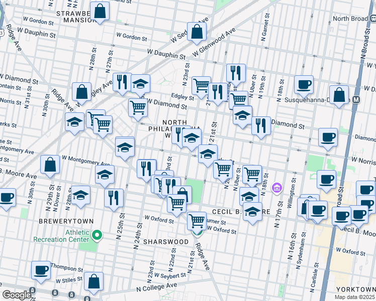 map of restaurants, bars, coffee shops, grocery stores, and more near 1914 North Croskey Street in Philadelphia