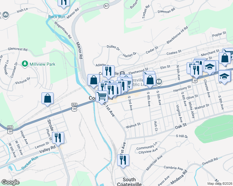 map of restaurants, bars, coffee shops, grocery stores, and more near 15 North 2nd Avenue in Coatesville