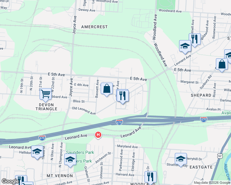 map of restaurants, bars, coffee shops, grocery stores, and more near 833 Taylor Avenue in Columbus