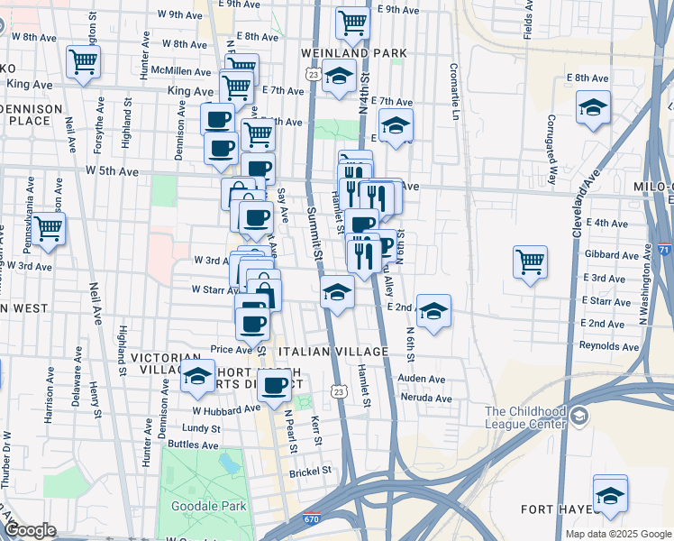 map of restaurants, bars, coffee shops, grocery stores, and more near 136 East 3rd Avenue in Columbus