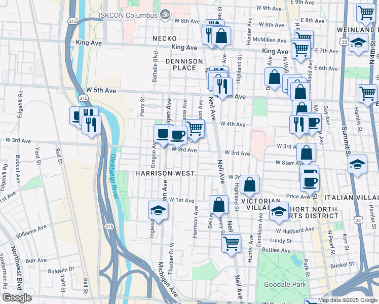 map of restaurants, bars, coffee shops, grocery stores, and more near 354 West 3rd Avenue in Columbus