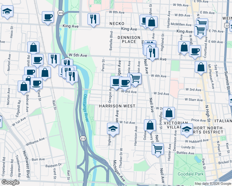 map of restaurants, bars, coffee shops, grocery stores, and more near 460 West 3rd Avenue in Columbus