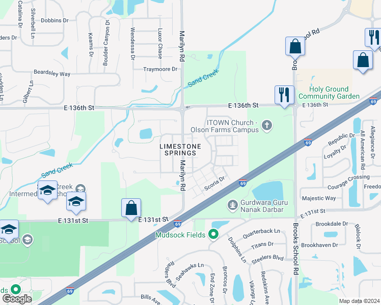 map of restaurants, bars, coffee shops, grocery stores, and more near 13370 White Granite Drive in Fishers