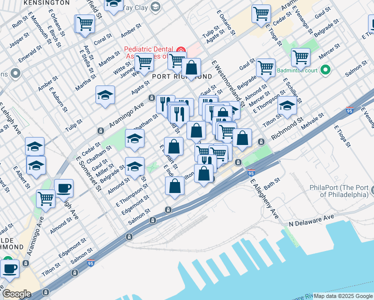 map of restaurants, bars, coffee shops, grocery stores, and more near 3071 Mercer Street in Philadelphia