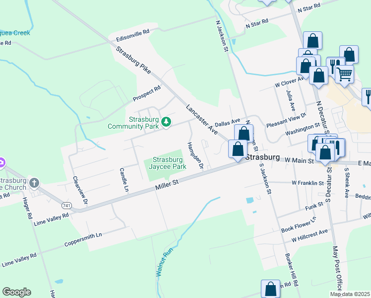 map of restaurants, bars, coffee shops, grocery stores, and more near 1128 Hampden Drive in Strasburg