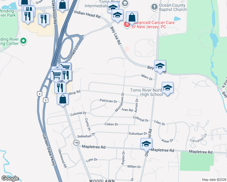 map of restaurants, bars, coffee shops, grocery stores, and more near 349 Dallas Drive in Toms River