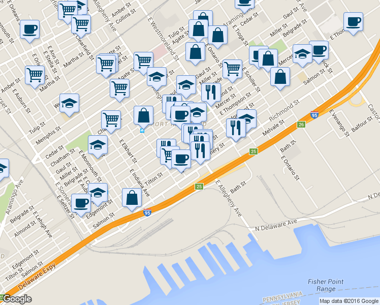 map of restaurants, bars, coffee shops, grocery stores, and more near 3192 Tilton Street in Philadelphia