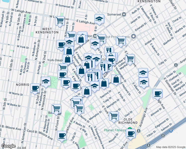 map of restaurants, bars, coffee shops, grocery stores, and more near 2069 East Hagert Street in Philadelphia