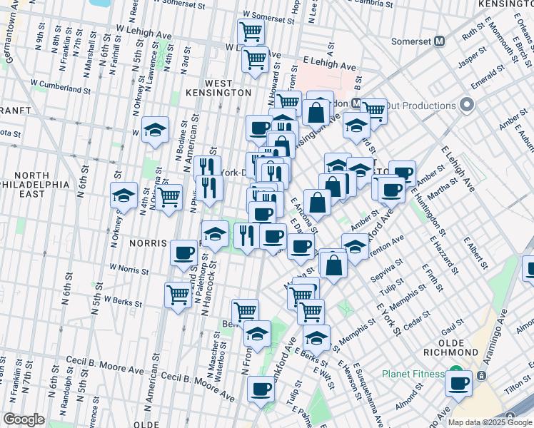 map of restaurants, bars, coffee shops, grocery stores, and more near 2214 North Front Street in Philadelphia