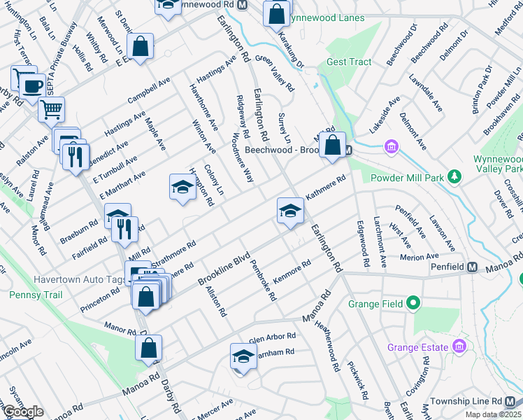 map of restaurants, bars, coffee shops, grocery stores, and more near 343 Strathmore Road in Havertown