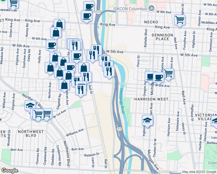 map of restaurants, bars, coffee shops, grocery stores, and more near 1145 Olentangy River Road in Columbus