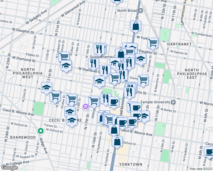 map of restaurants, bars, coffee shops, grocery stores, and more near 1533 West Norris Street in Philadelphia
