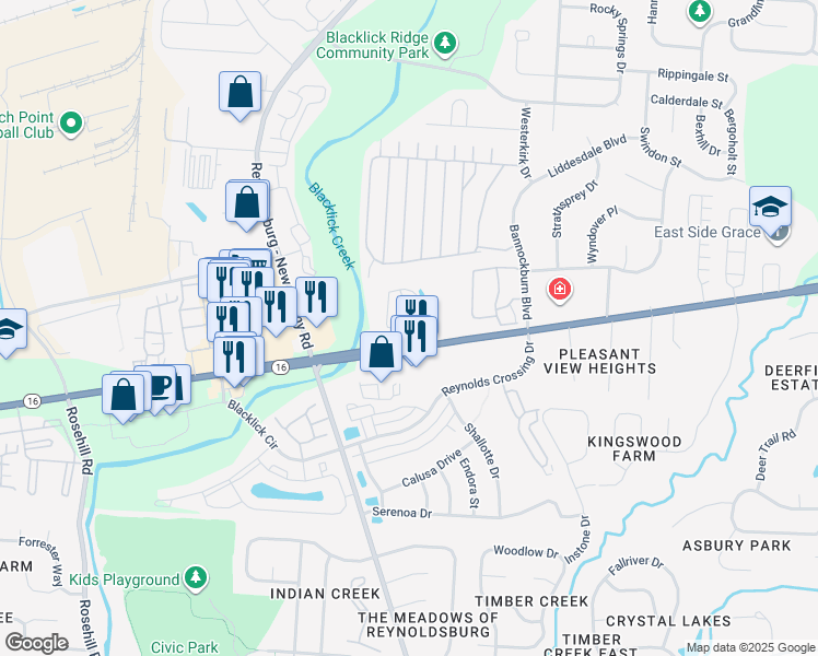 map of restaurants, bars, coffee shops, grocery stores, and more near 7220 East Broad Street in Columbus