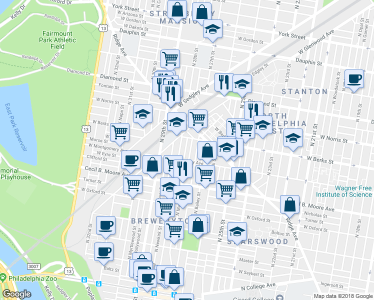 map of restaurants, bars, coffee shops, grocery stores, and more near 1831 North Marston Street in Philadelphia