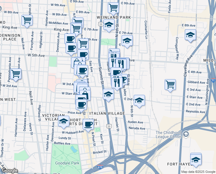 map of restaurants, bars, coffee shops, grocery stores, and more near Beacon Alley in Columbus