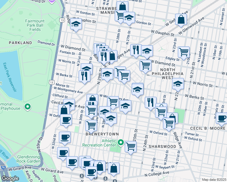 map of restaurants, bars, coffee shops, grocery stores, and more near 1831 North Marston Street in Philadelphia