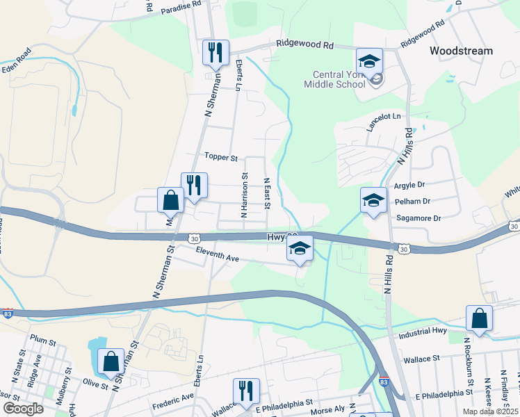 map of restaurants, bars, coffee shops, grocery stores, and more near 1318 Bonneview Road in York