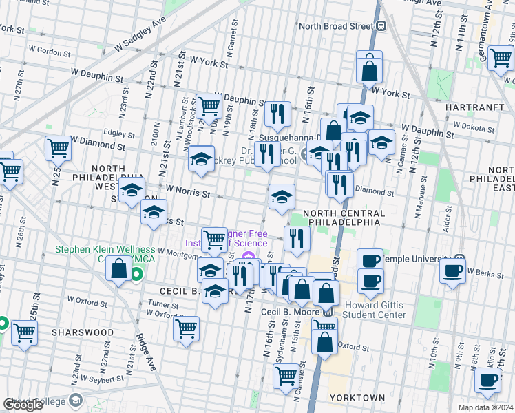 map of restaurants, bars, coffee shops, grocery stores, and more near in Philadelphia