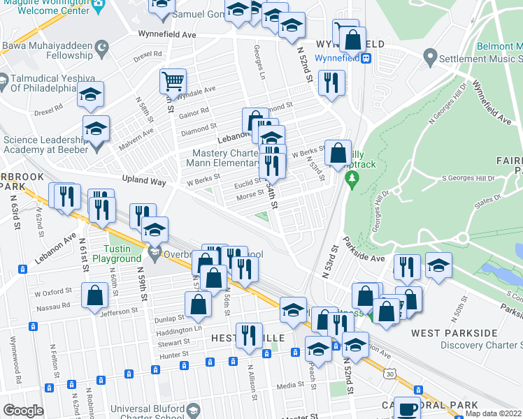 map of restaurants, bars, coffee shops, grocery stores, and more near 5422 W Montgomery Ave in Philadelphia