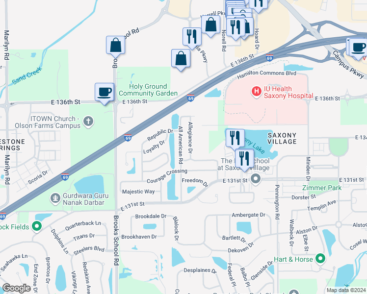 map of restaurants, bars, coffee shops, grocery stores, and more near 13379 All American Road in Fishers