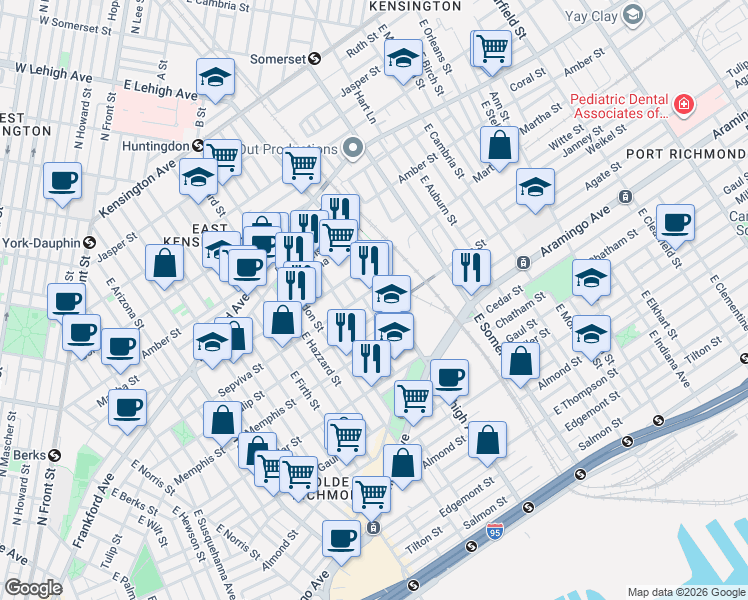 map of restaurants, bars, coffee shops, grocery stores, and more near 2186 East Lehigh Avenue in Philadelphia