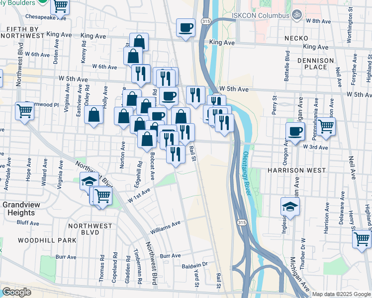 map of restaurants, bars, coffee shops, grocery stores, and more near 807 West 3rd Avenue in Columbus