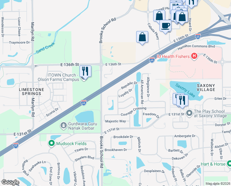 map of restaurants, bars, coffee shops, grocery stores, and more near 13360 Heroic Way in Fishers