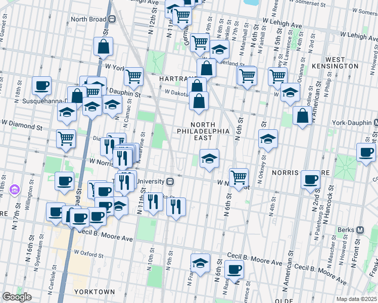 map of restaurants, bars, coffee shops, grocery stores, and more near 2107 North Percy Street in Philadelphia