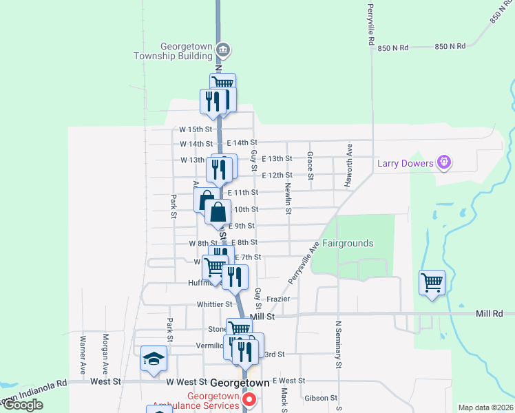 map of restaurants, bars, coffee shops, grocery stores, and more near 1001 Guy Street in Georgetown