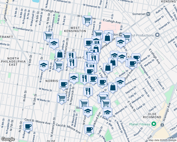 map of restaurants, bars, coffee shops, grocery stores, and more near 2226 North Hope Street in Philadelphia