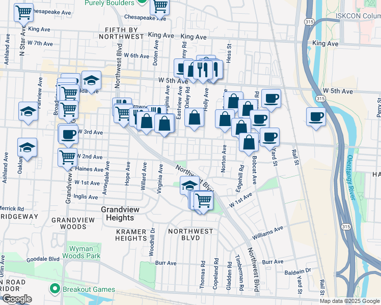 map of restaurants, bars, coffee shops, grocery stores, and more near 1231 Oxley Road in Columbus