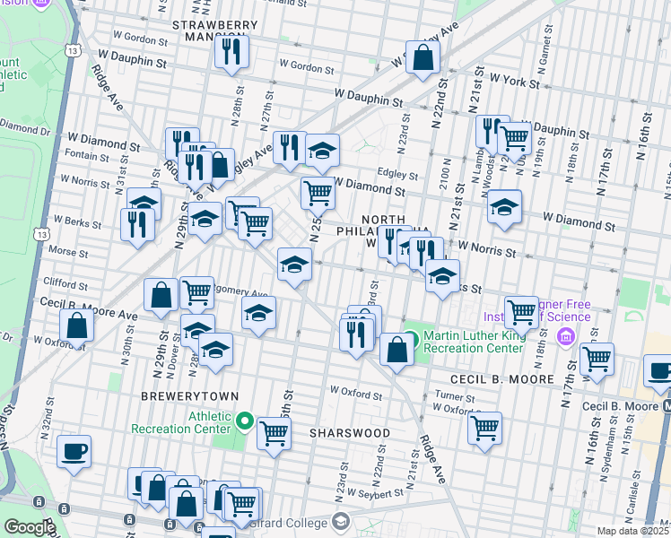 map of restaurants, bars, coffee shops, grocery stores, and more near 2410 West Berks Street in Philadelphia