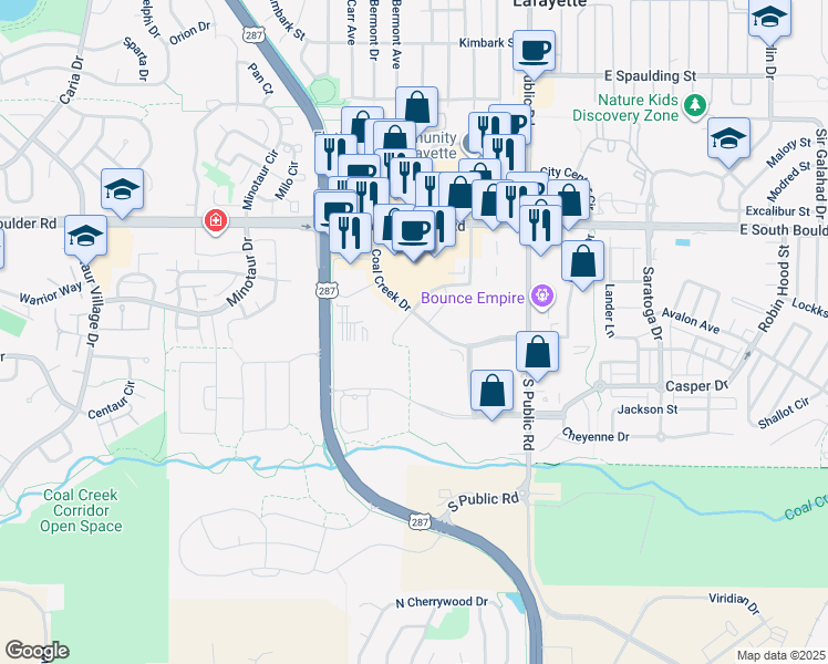 map of restaurants, bars, coffee shops, grocery stores, and more near 1600-1630 Coal Creek Drive in Lafayette