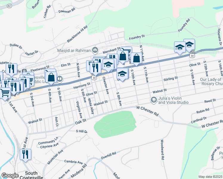 map of restaurants, bars, coffee shops, grocery stores, and more near 69 Palmer Avenue in Coatesville