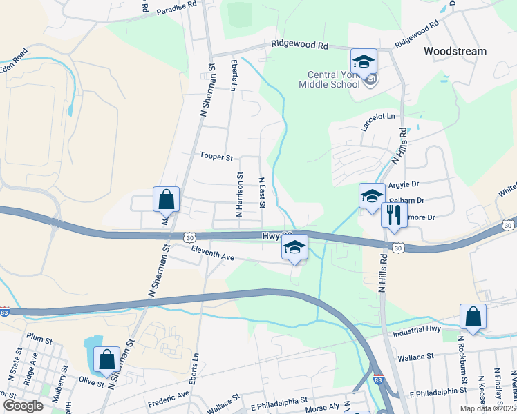 map of restaurants, bars, coffee shops, grocery stores, and more near 1318 Bonneview Road in York