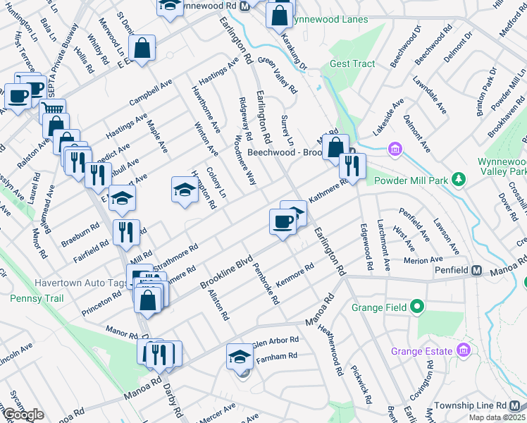 map of restaurants, bars, coffee shops, grocery stores, and more near 343 Strathmore Road in Havertown