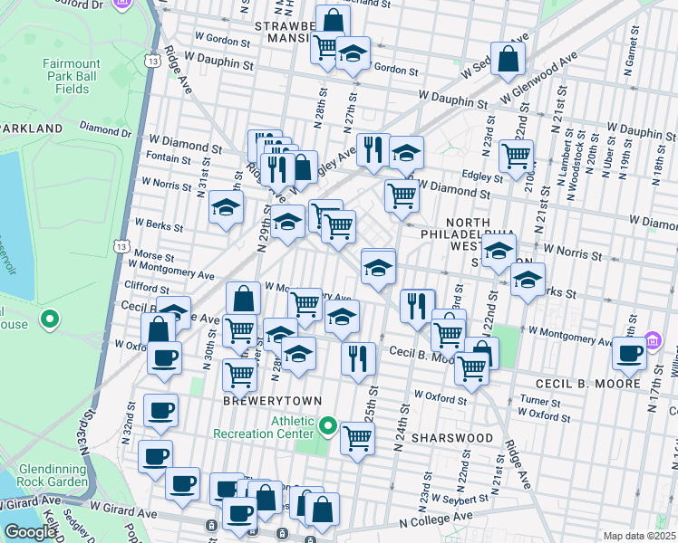 map of restaurants, bars, coffee shops, grocery stores, and more near 1839 North Taney Street in Philadelphia