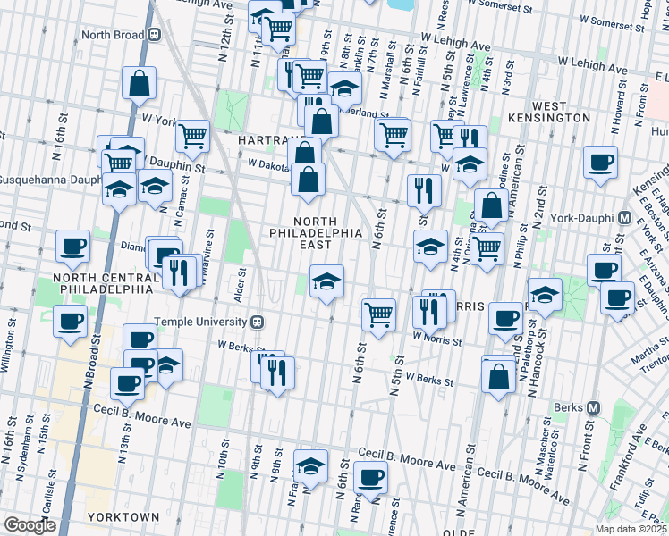 map of restaurants, bars, coffee shops, grocery stores, and more near 2118 North 7th Street in Philadelphia