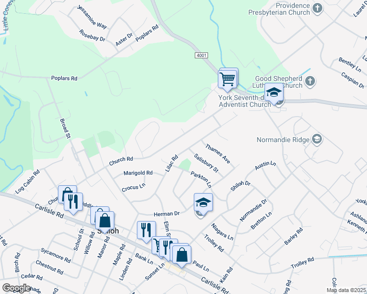 map of restaurants, bars, coffee shops, grocery stores, and more near 1659 Lilac Road in York