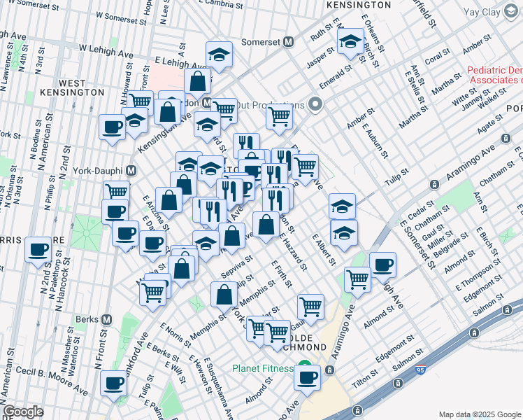 map of restaurants, bars, coffee shops, grocery stores, and more near 2120 East Hazzard Street in Philadelphia