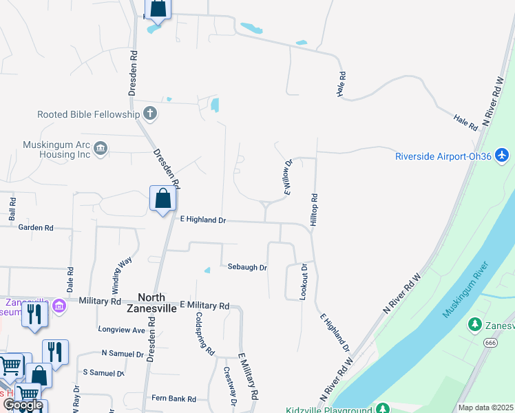 map of restaurants, bars, coffee shops, grocery stores, and more near 200 West Willow Drive in Zanesville