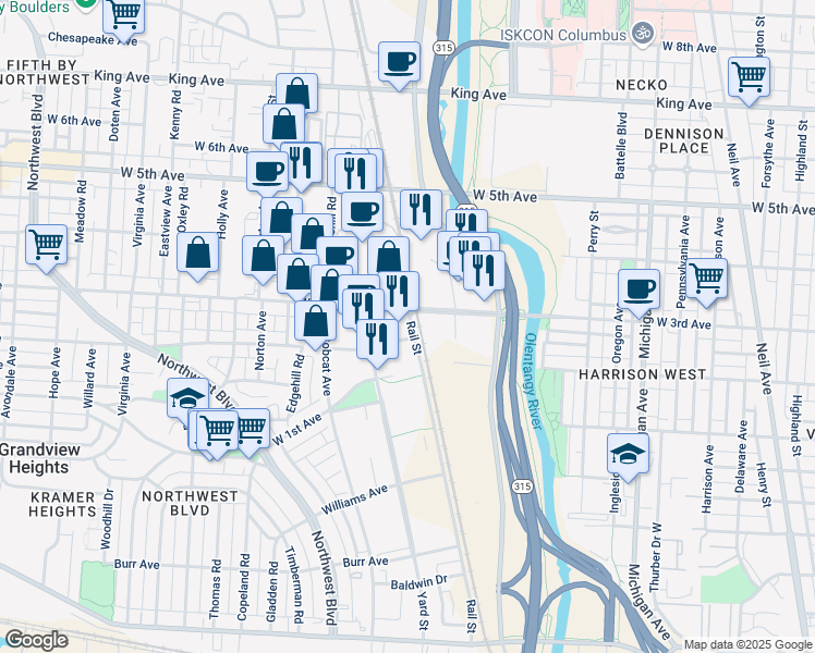 map of restaurants, bars, coffee shops, grocery stores, and more near 807 West 3rd Avenue in Columbus
